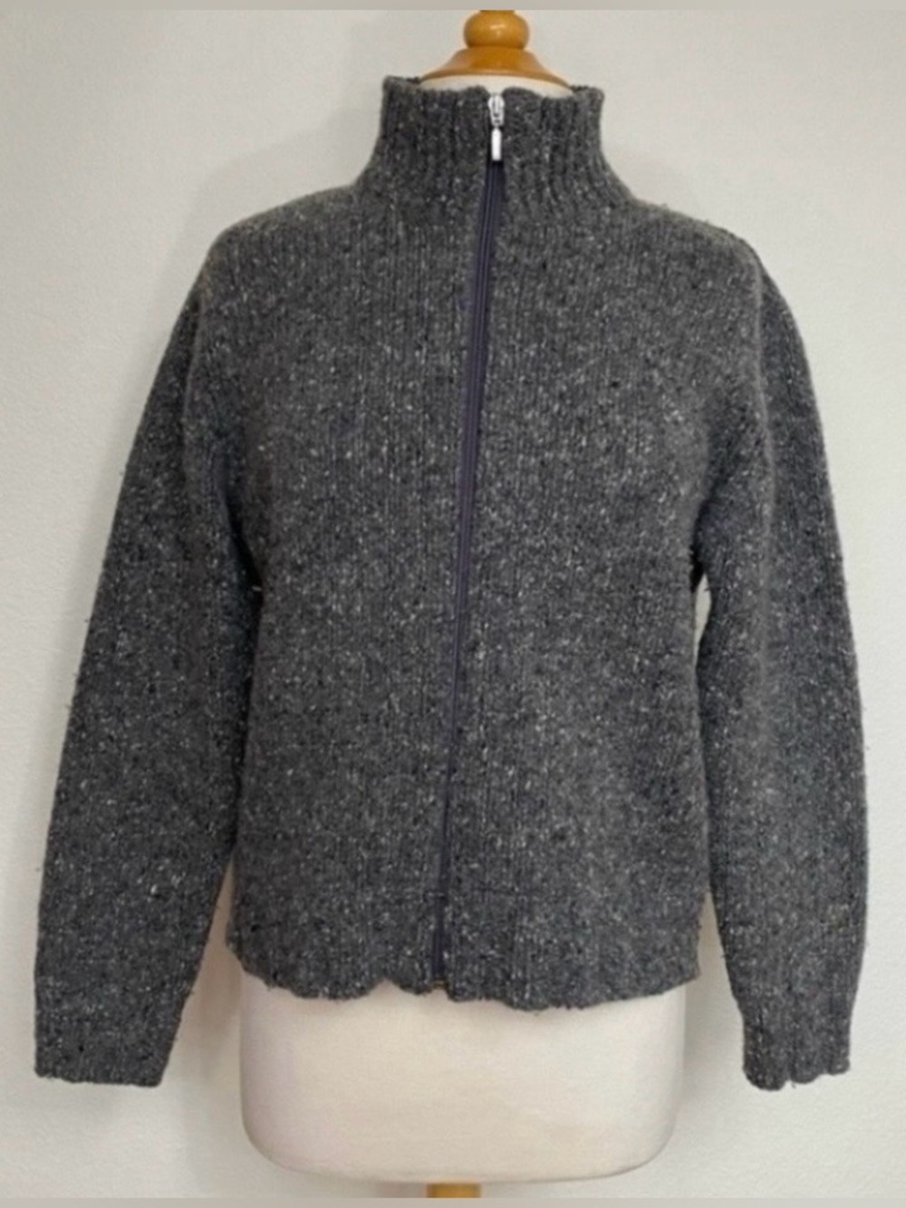 Vintage Talbots Italy Women's Confetti Gray Zip Wool Thick Sweater Jacket Size M